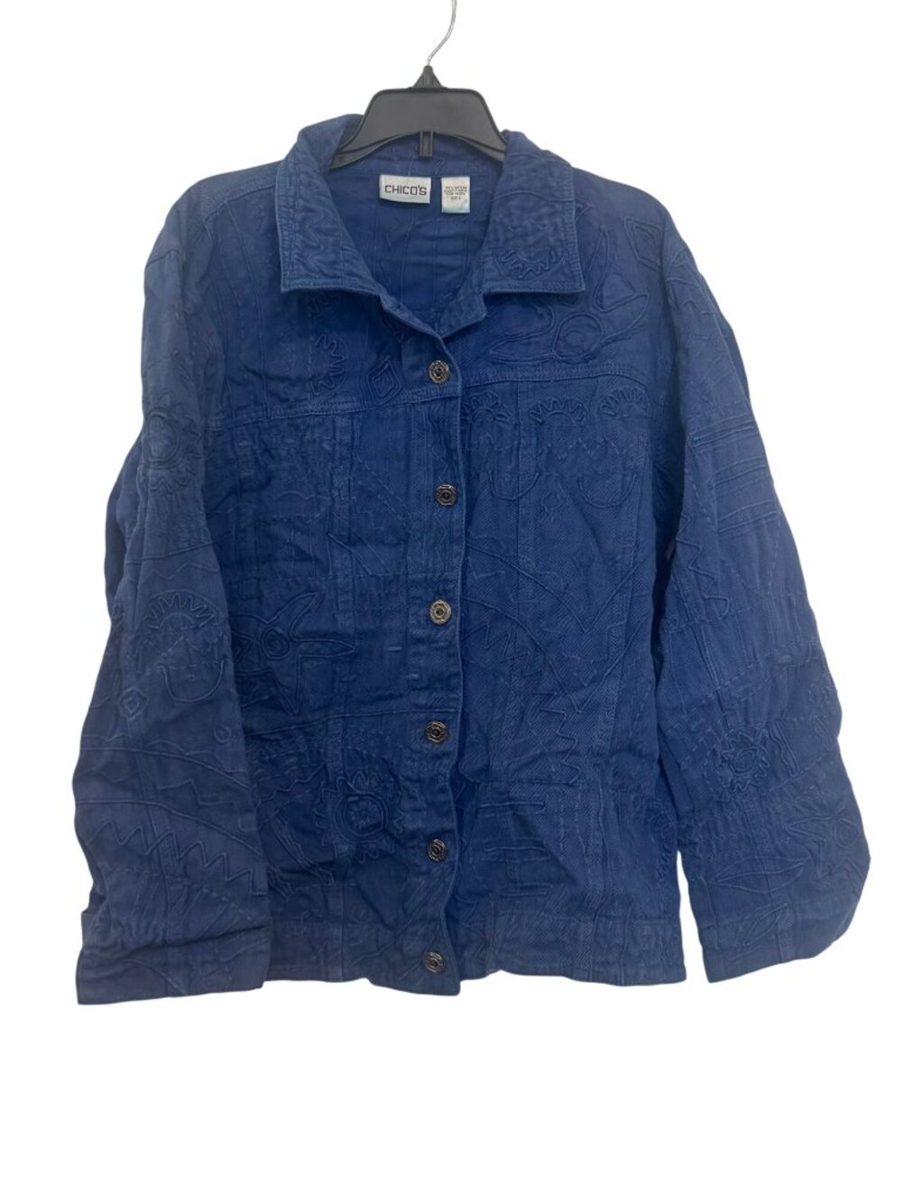 Chicos Blue Embroidered Button-Up Jacket Size 2 Boho Style